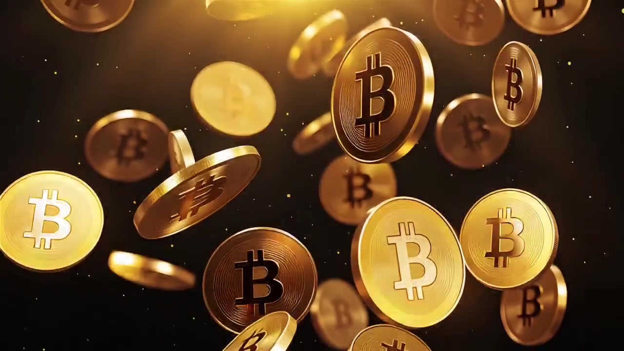 Bitcoin in rotazione su sfondo nero drammatico 4k