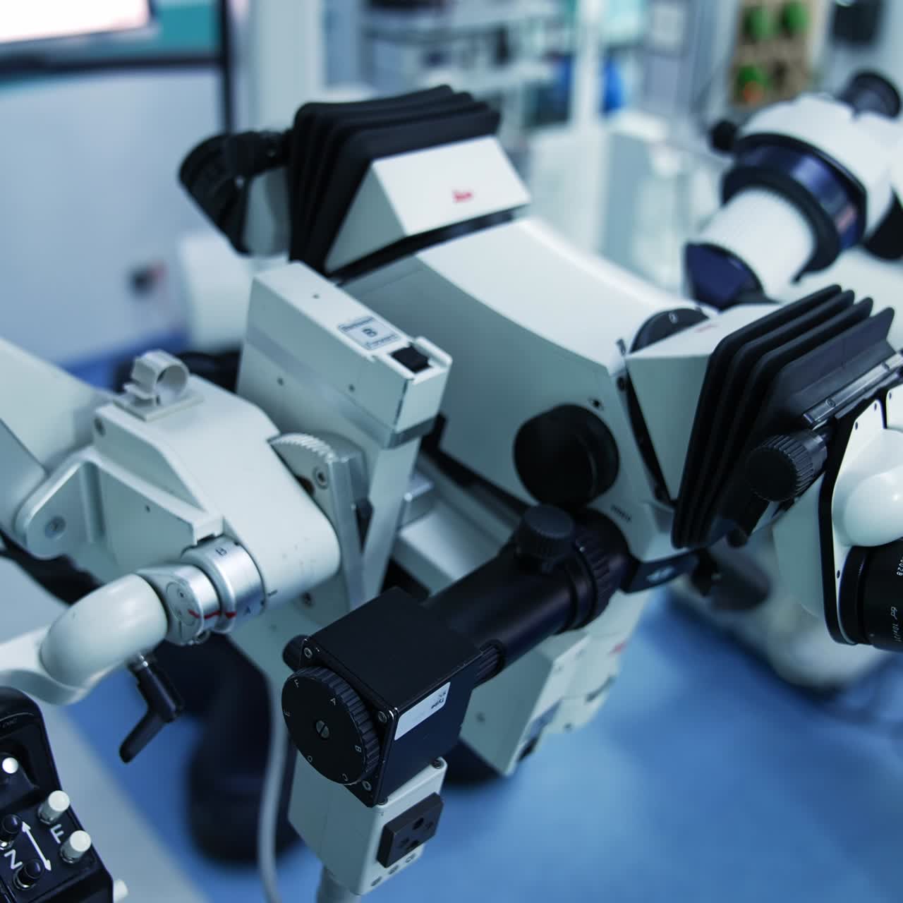 Detailed look at the modern technological equipment in surgery theatre. High angle view on the high-precise microscope