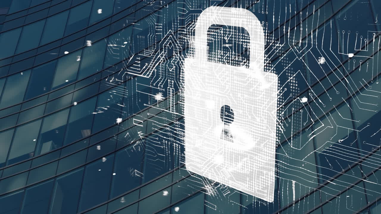 Animation of padlock and data processing over cityscape
