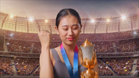 woman celebrating victory with trophy in stadium