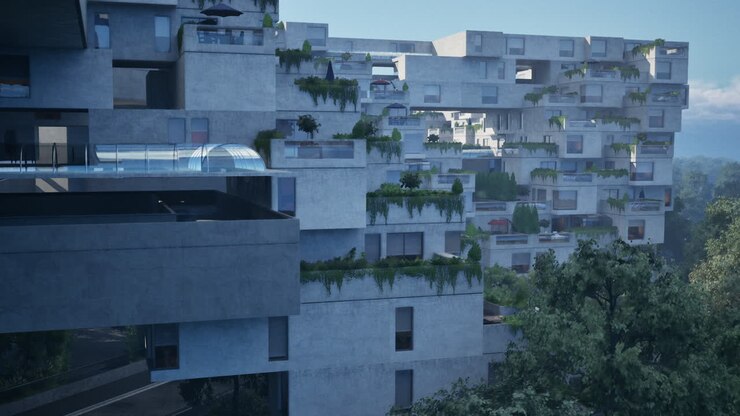 Edifício Moderno de Concreto com Telhados Verdes e Piscina na Cobertura