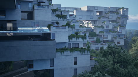 modern concrete building with green roofs and a rooftop pool