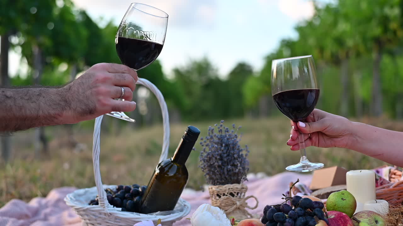 Two friends celebrate with clinking glasses of red wine in a vineyard picnic setup. Surrounded by grapes and fresh fruits, they enjoy the relaxing atmosphere as the sun sets