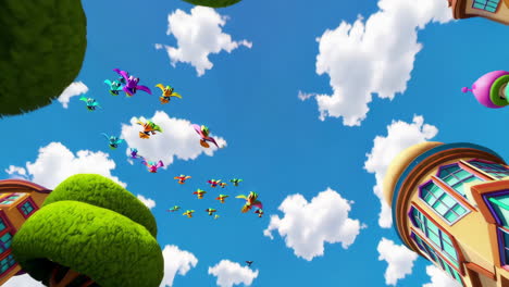 a colorful cartoon city with flying birds