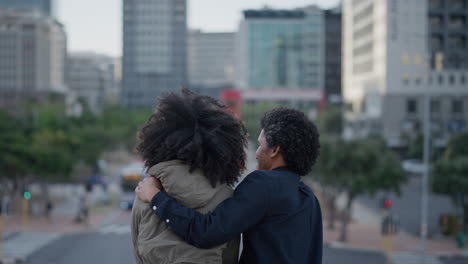 happy multi ethnic couple embracing enjoying relaxed urban day in city together sightseeing slow motion