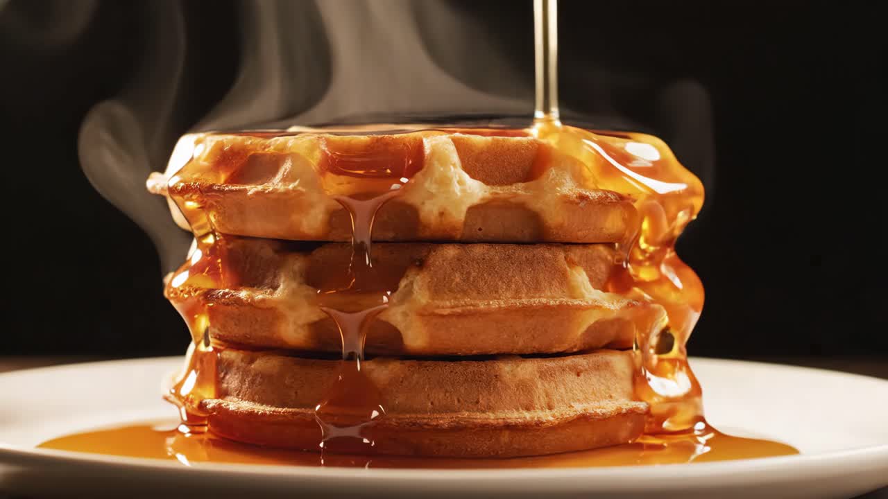 시럽과 함께 와플의 더미