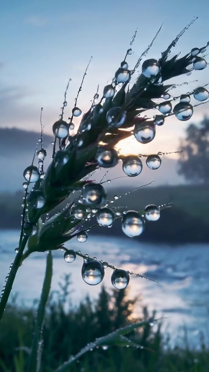 Video verticale: Spiga d'erba rugiadosa e scintillante che cattura l'alba sul fiume e sulla nebbia, rifrangendo le goccioline.