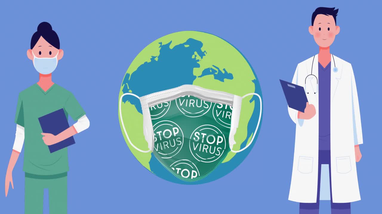 마스크를 쓰고 있는 의사들과 지구촌의 애니메이션