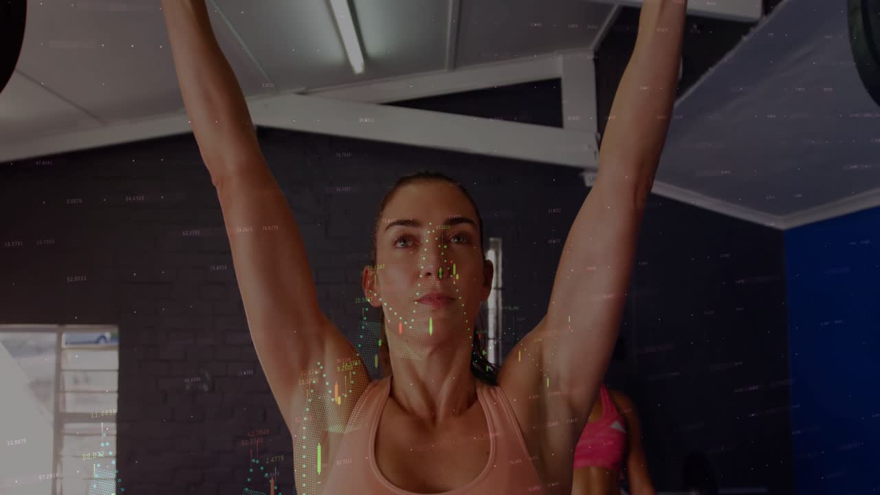 Female lifter gripping barbell at hips starting pull to rack then pressing overhead for fitness