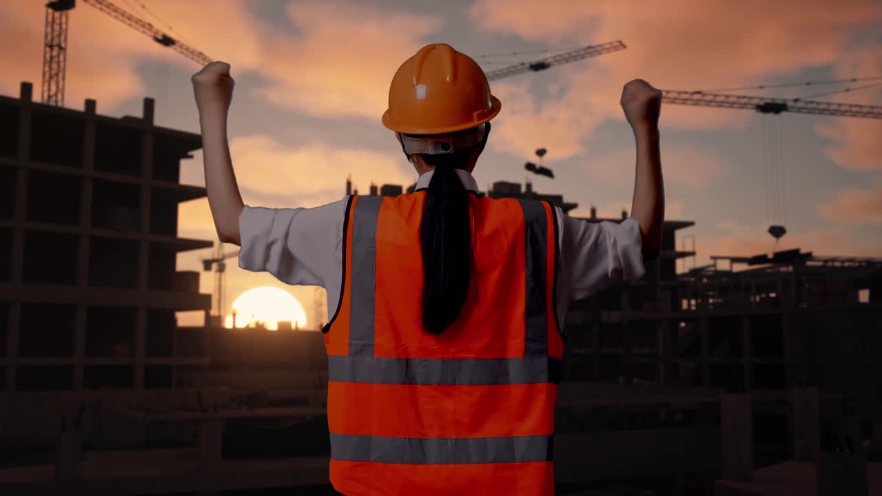 Back View Of A Female Engineer With Safety Helmet Raising Her Hands Celebrating While Working At Construction Site in Progress to New House