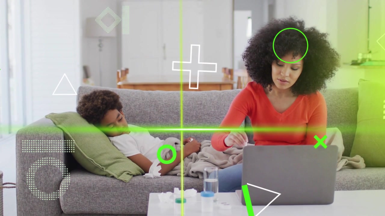 Green graphic sweeping across frame, mother checking thermometer and using laptop for child health