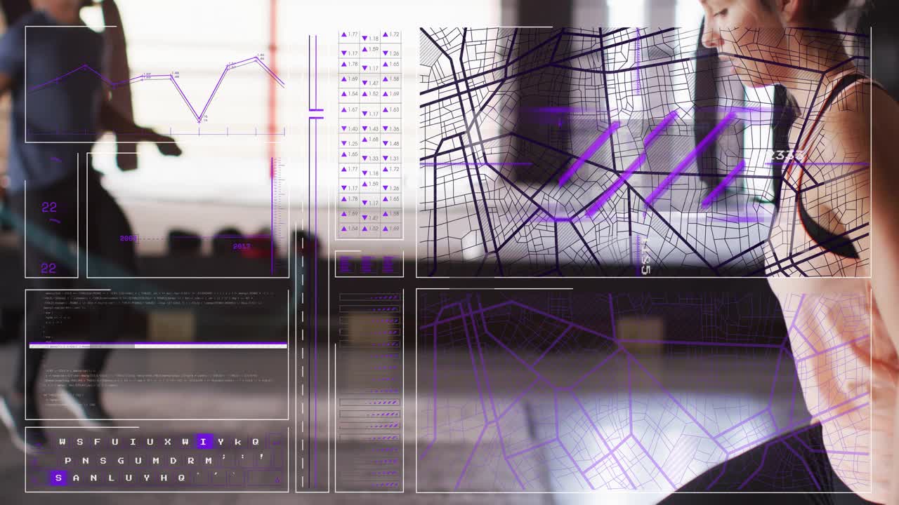 Female exerciser planting foot and starting 20" box jump for power, gym HUD mapping, lowering squat