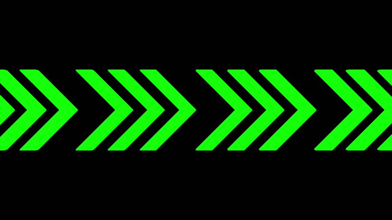 Animazione cinetica di frecce luminose verde brillante che scorrono orizzontalmente su uno sfondo nero scuro.