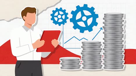 Businessman Analyzing Financial Growth with Coin Stacks and Gears