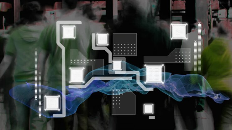Animation of network of connections over pedestrians walking in city street