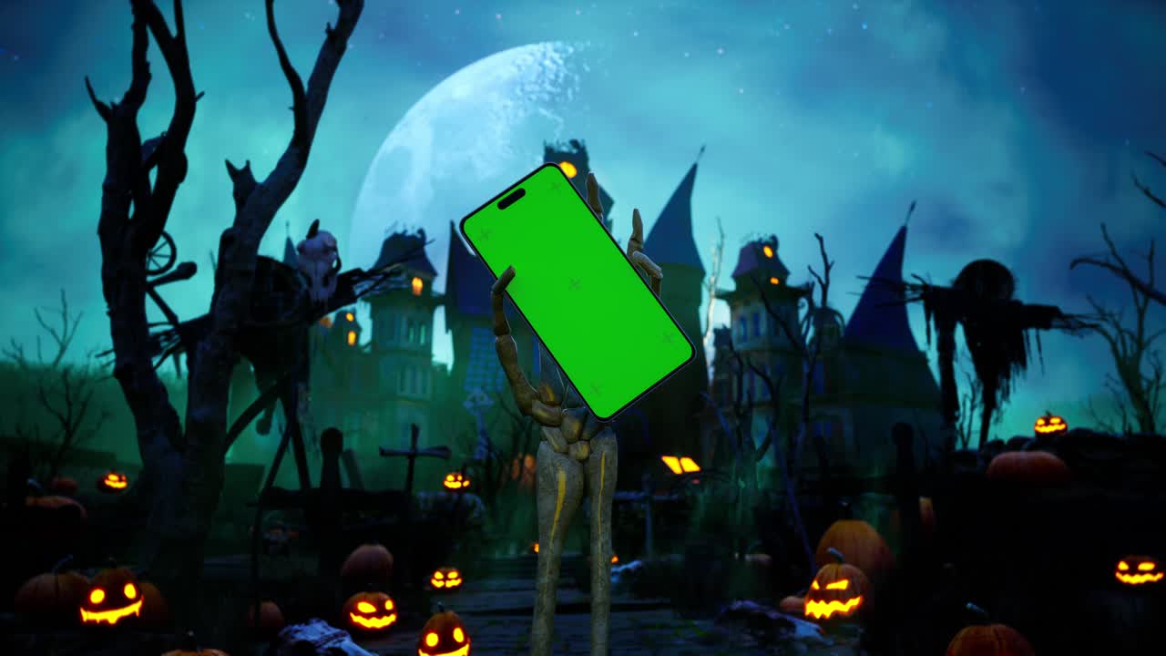 Skeleton Hand Rising Up Smartphone With Green Screen, Halloween Haunted House With Bats, And Pumpkins Under Scary Moon Cinematic Video Animation Background