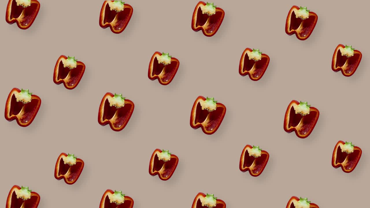 patrón colorido de pimentón fresco. vista superior. patrón sin costuras con pimentón. diseño de arte pop. animación realista. movimiento de video 4k