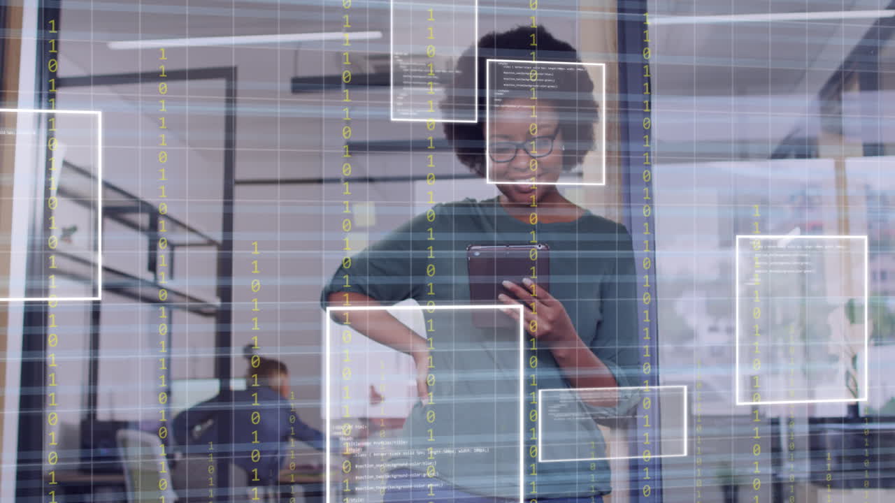 Animation of data processing over african american businesswoman in office