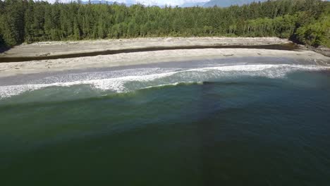 Luftaufnahme-Von-Wellen,-Die-Am-Sandstrand-Von-Tofino,-Britisch-Kolumbien,-An-Der-Spitze-Der-Insel-Vancouver-Brechen