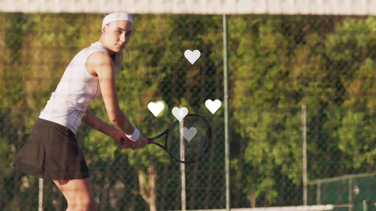Female tennis player standing on court, holding racket, displaying animated speed gauge for sports