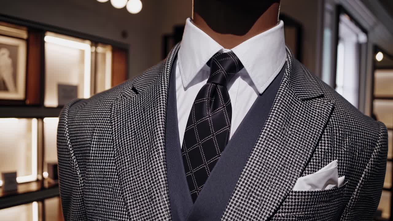 Angolazione ravvicinata di un manichino con abito a quadri e cravatta, che mette in mostra l'eleganza classica