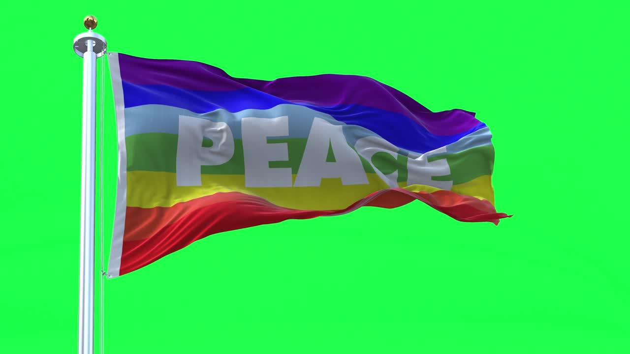 평화의 무지개 발이 초록색 화면에 날고 있습니다.