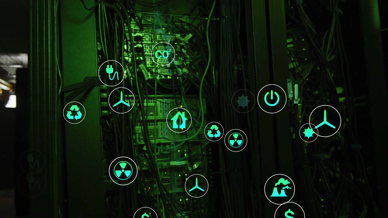 Server rack holding in DC, frame starting spawning icons floating showing plug dollar CO metrics