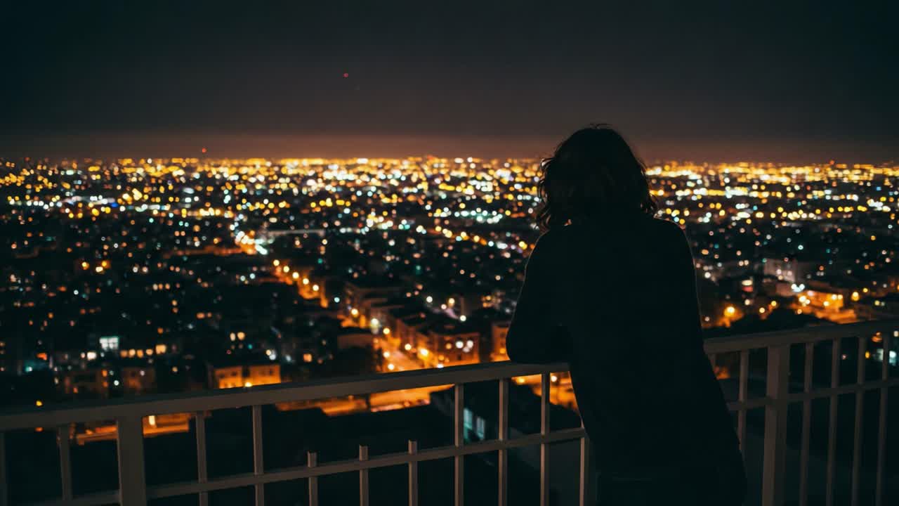 Uma figura solitária contempla pensativamente uma vasta paisagem urbana iluminada por inúmeras luzes, refletindo sobre a beleza e a profundidade da vida urbana durante uma noite serena