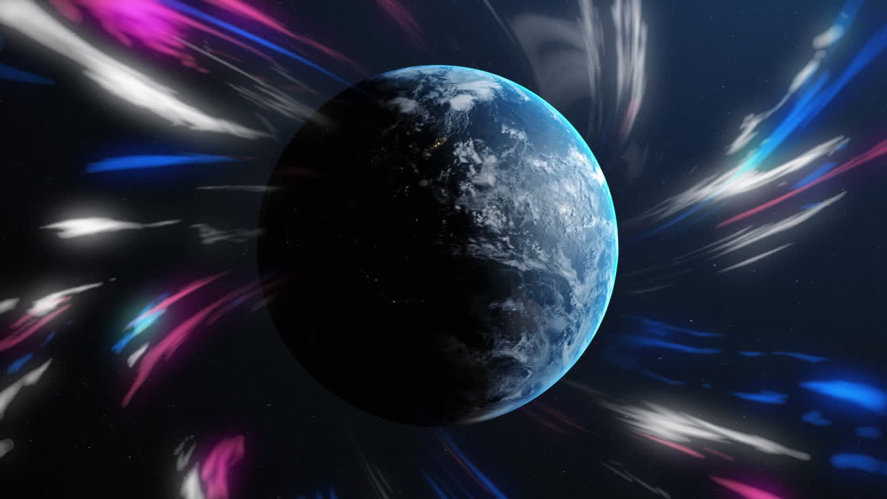 Animation of glowing light trails over planet earth