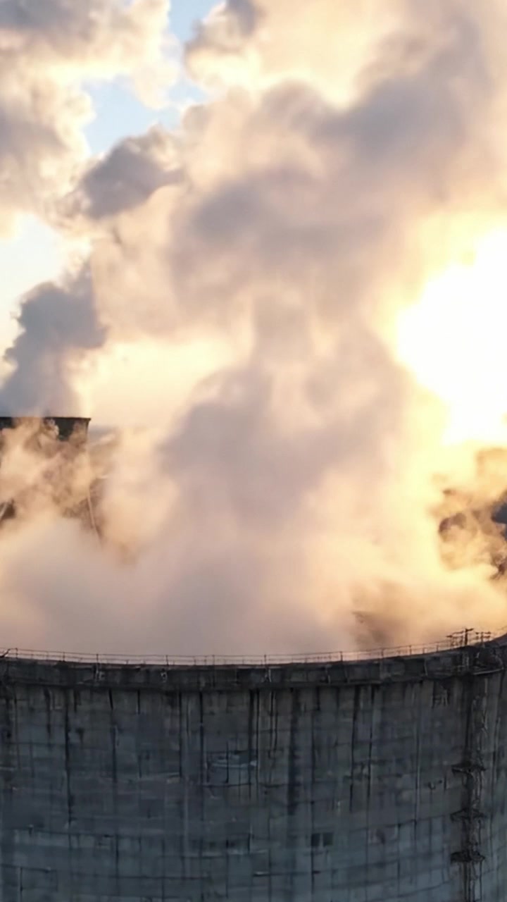 Sagome maestose di vapore che sale da una torre di raffreddamento industriale contro un cielo al tramonto, mostrando la produzione di energia e l'interazione atmosferica.