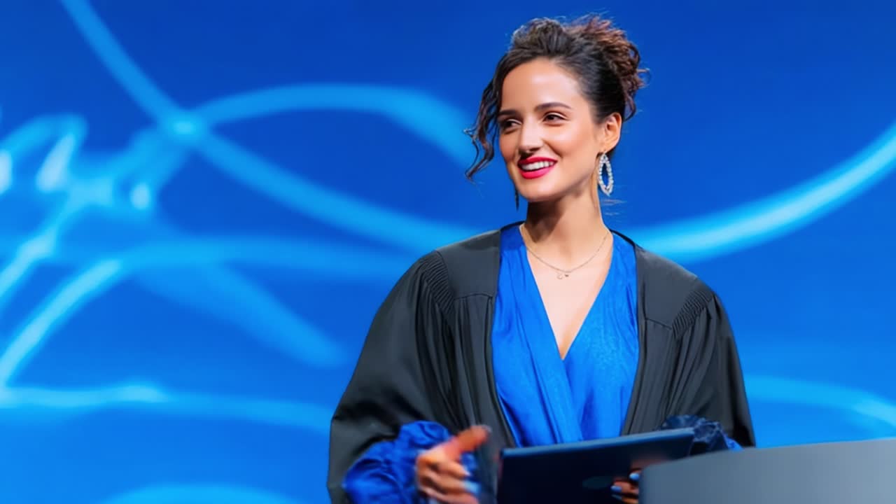 Momento celebrativo: un oratore sicuro di sé in abito da laurea coinvolge il pubblico con un sorriso smagliante ed espressioni dinamiche sotto una tenue illuminazione blu