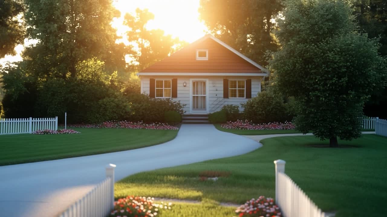 Sunset over a charming countryside home. A peaceful countryside home is bathed in warm sunset light, surrounded by a lush garden and white picket fence.