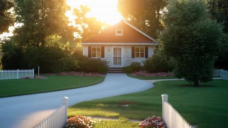 sunset over a charming countryside home. a peaceful countryside home is bathed in warm sunset light, surrounded by a lush garden and white picket fence.