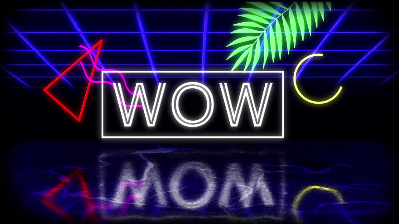 애니메이션 빈티지 비디오 게임 화면에  ⁇ 박이는 단어 와우가 쓰여져 있습니다.