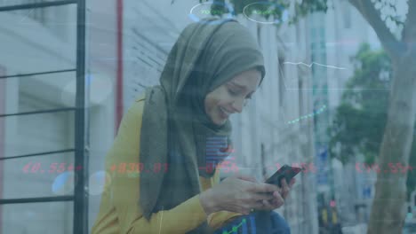 Animation-of-financial-data-processing-over-happy-biracial-woman-in-hijab-using-smartphone-on-street