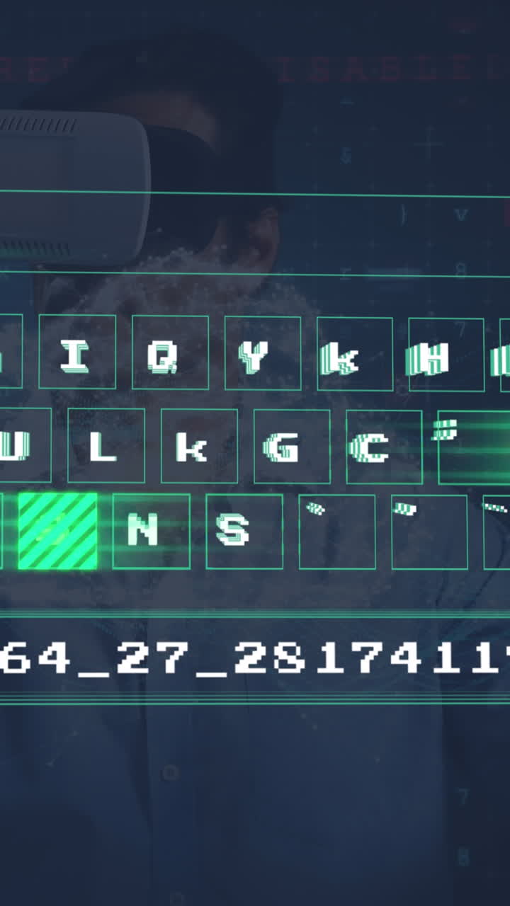animación de procesamiento de datos digitales en el teclado sobre empresario biracial que usa auriculares vr