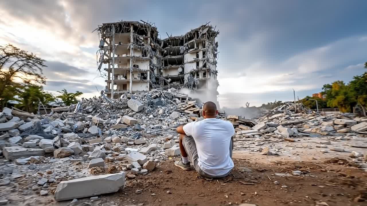 un hombre sentado en el suelo frente a un edificio destruido