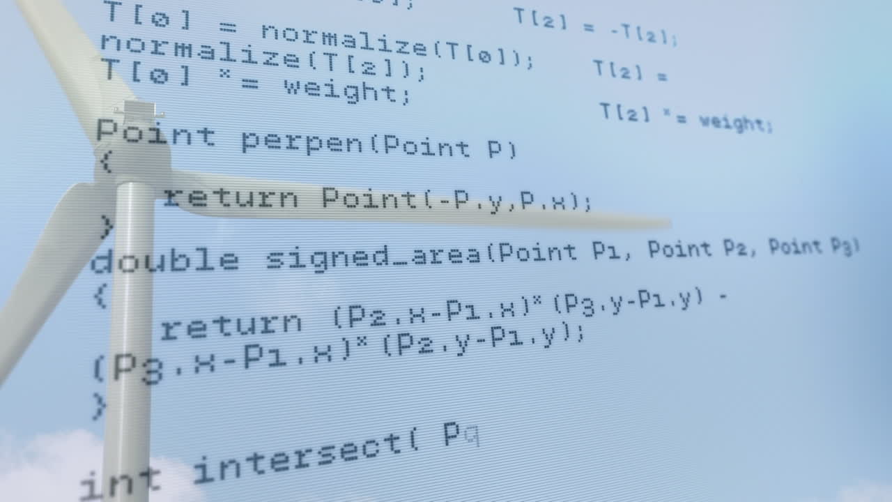 풍력 터빈과 구름이 있는 하늘 위의 데이터 처리 애니메이션