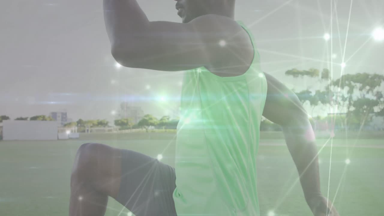 animación de la red de conexiones sobre el hombre afroamericano ejercitando