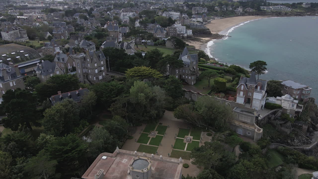 Aerial forward over Dinard coastline, Brittany in France
