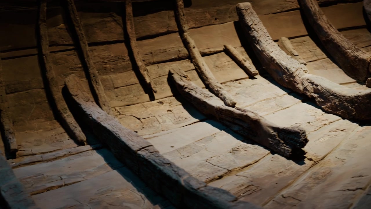 Scheletro antico di barca con nervature in legno curve a vista