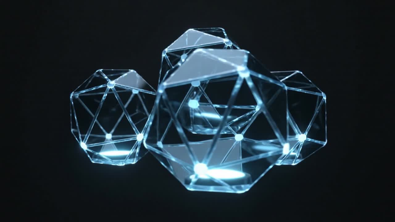 Appearing, three glass polyhedra drifting and rotating in dark void, revealing cyan edges