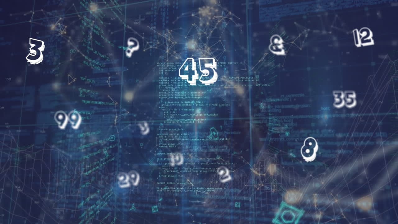 파란색 배경에 대한 여러 숫자와 컴퓨터 언어에 연결된 점들의 애니메이션