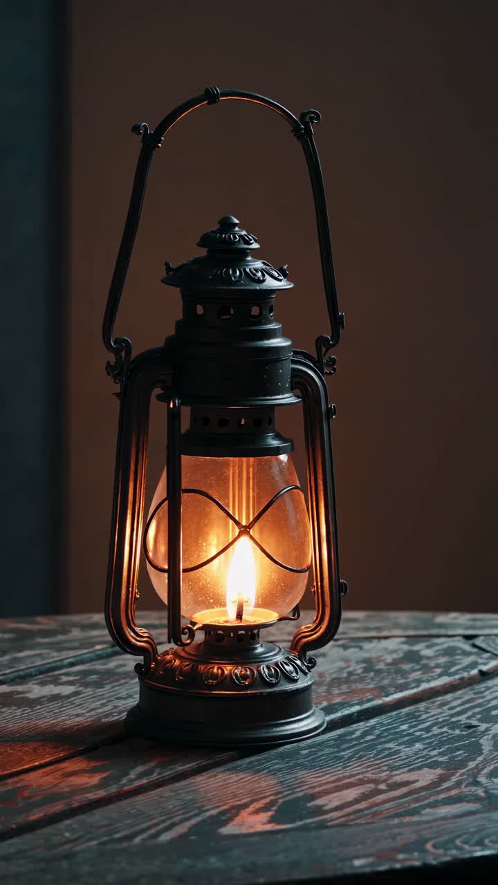 Vintage lantern glowing warmly on a rustic wooden table
