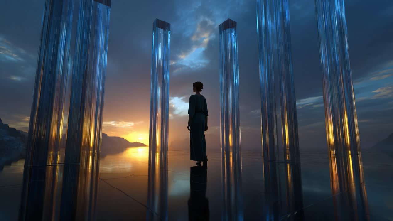 A solitary figure stands amidst shimmering pillars in a surreal landscape, gazing at a breathtaking sunset that blends vibrant colors on the horizon