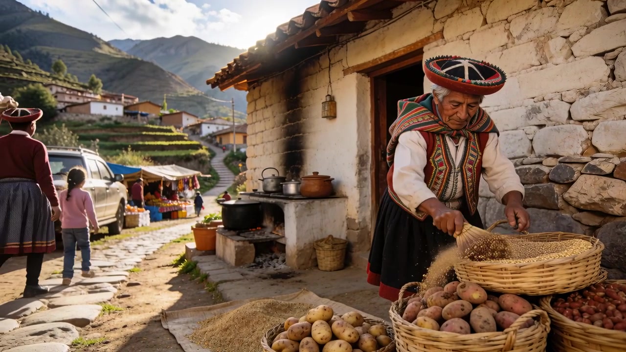 Sun sparking elder vendor in shawl scooping grain into baskets at doorstep for market, copy space