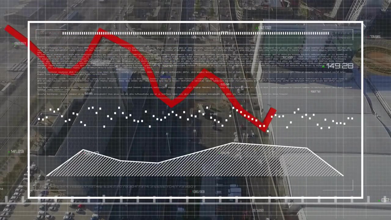 White frame appearing over urban block, overlay animating red trend line rising for tech monitoring