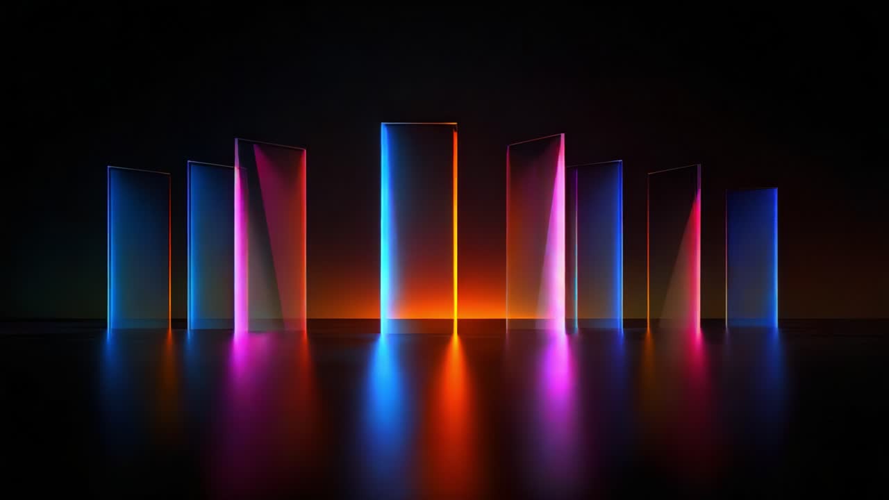 A mesmerizing arrangement of illuminated glass panels radiates vibrant colors against a dark background, showcasing the interplay of light and reflection in a stunning visual display