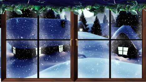 Animation-of-snow-falling-and-christmas-tree-in-winter-scenery