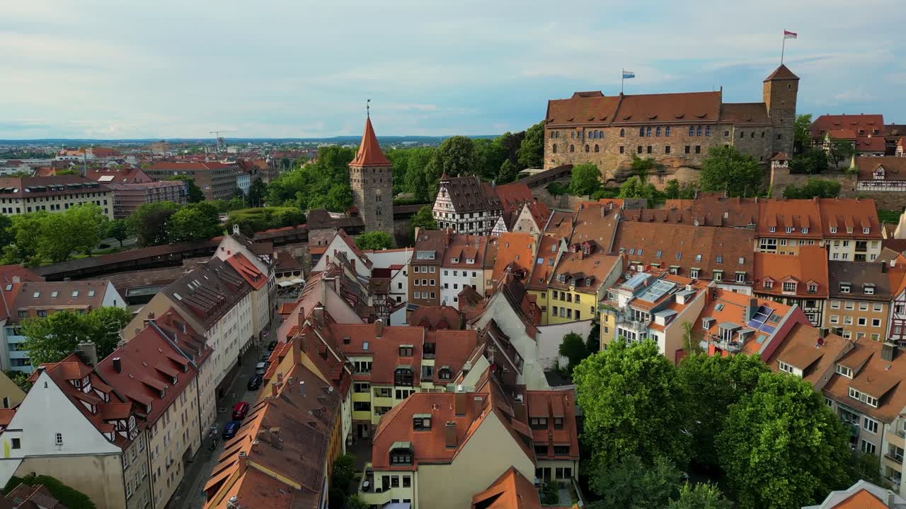 4K Aerial Drone Video of the Imperial Castle and Albrecht Dürer House Art Museum in Downtown Nurnberg, Germany